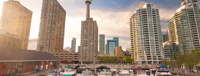 View of the harbour front marina with toronto skyline in the background at sunset