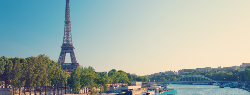 Paris skyline with Eiffel Tower and Seine River