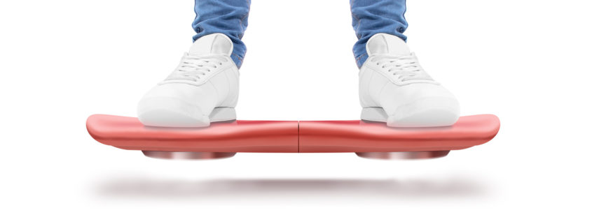Man stand red hover board scooter isolated. Smart hoverboard movie scoter. No wheel futuristic transport device. Future transportation technology. driver. Person ride antigravity levitation hoverboard
