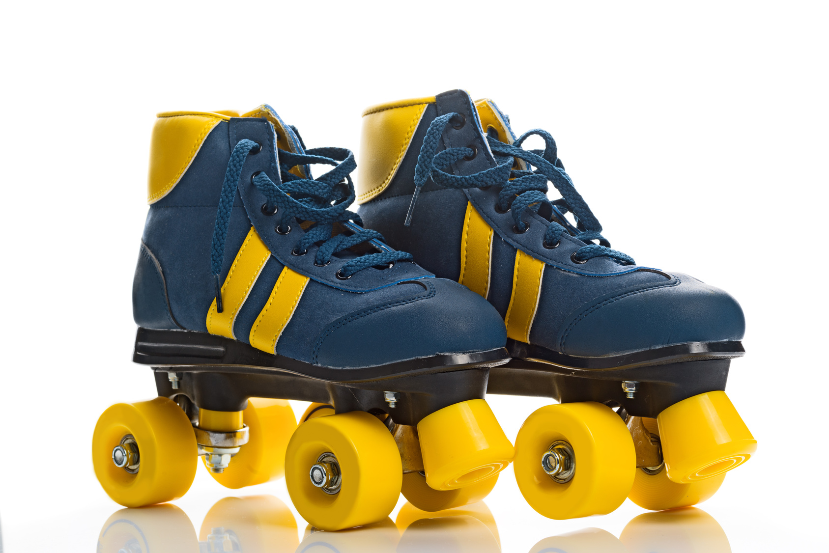 Vintage Retro Blue and Yellow Quad Roller Skates on White Background with Reflection.