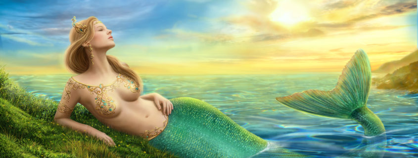 Beautiful princess- fantasy mermaid at sunset background