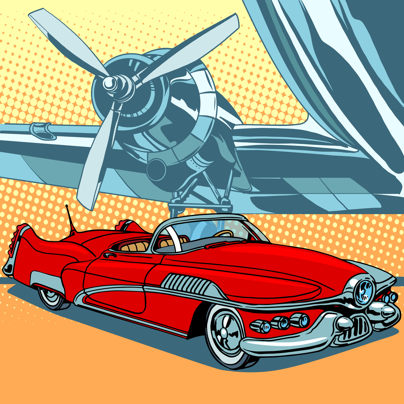 Retro car on the runway pop art retro style. The private plane. Travel and tourism. Retro transport