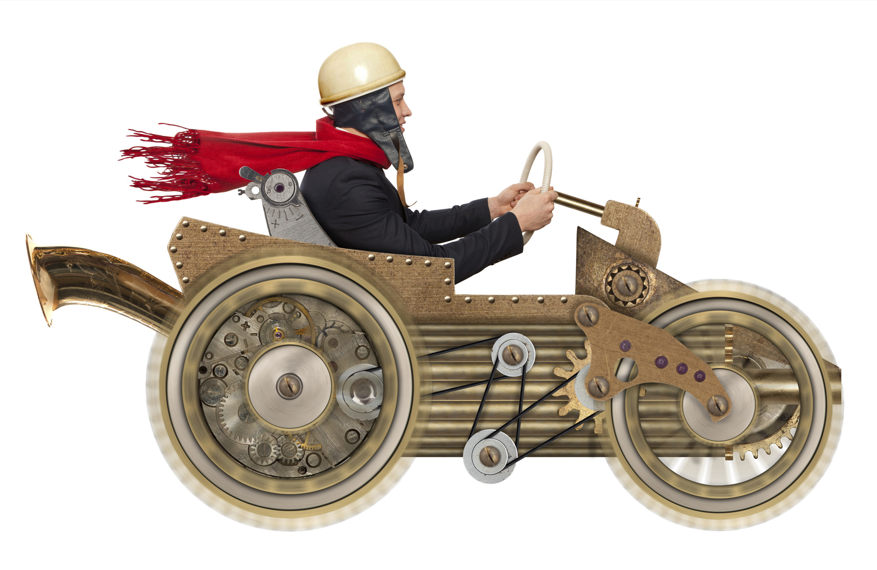 Young businessman driving fast on a toy car. Steampunk style. Photo compilation