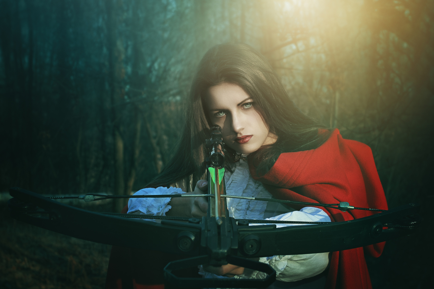 Little red riding hood dangerous hunter . Fairy tale and fantasy