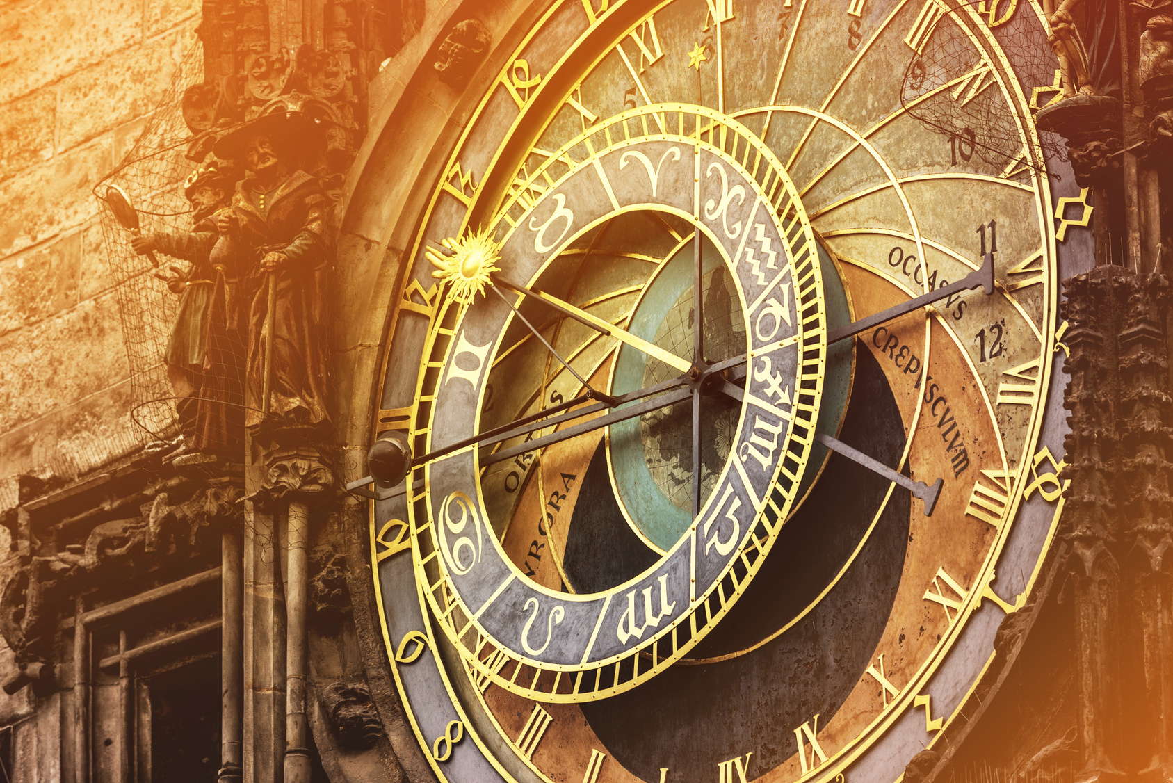 Astronomical Clock on Prague Old Town Square, Famous Tourist Sightseeing with Vintage Retro Tone Effect
