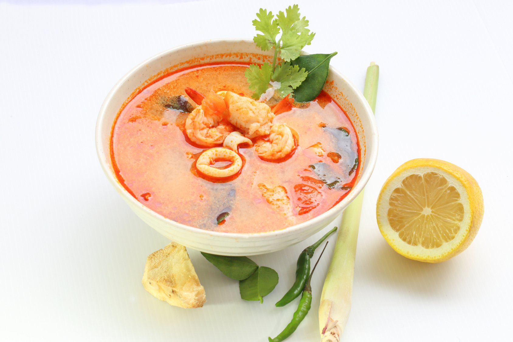 Tom Yam Seafood Soup in a soup bowl