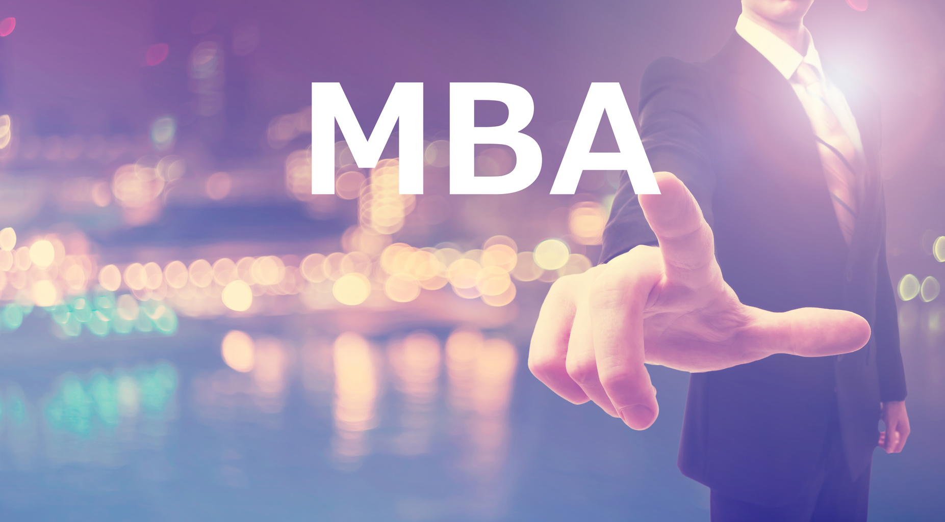 MBA concept with businessman on blurred city background