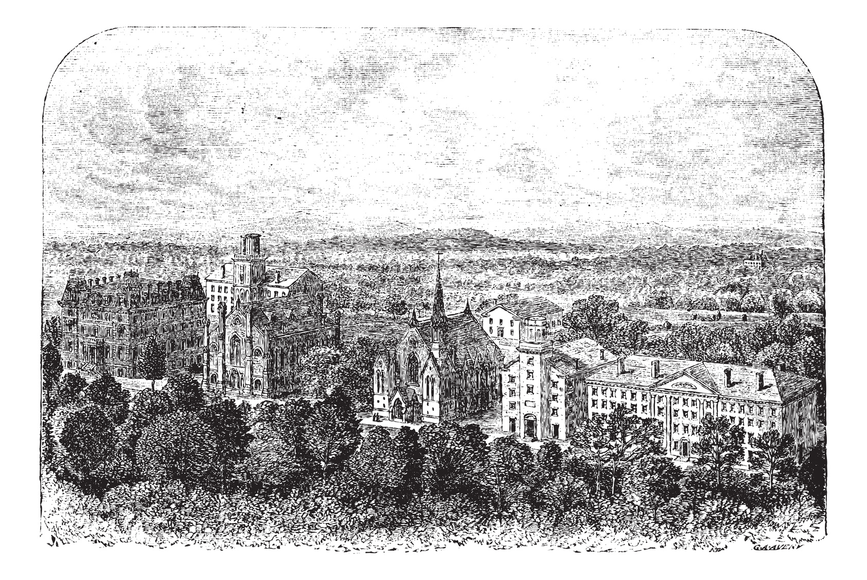 Wesleyan University in Middletown, United States, during the 1890s, vintage engraving. Old engraved illustration of Wesleyan University.