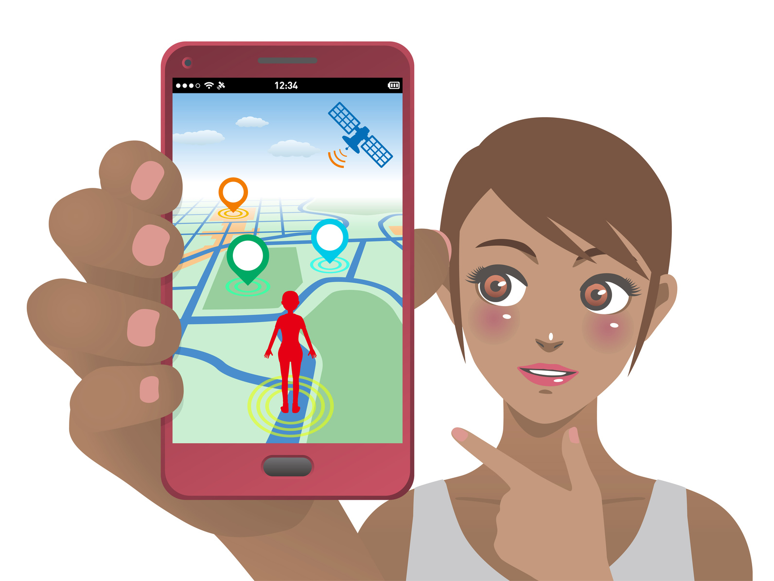 smart phone game application using location information, young woman holding smart phone and pointing screen, vector illustration