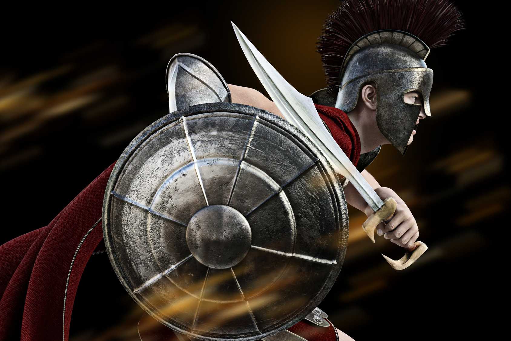 Spartan charge ,Spartan warrior in Battle dress attacking . Photo realistic 3d model scene.