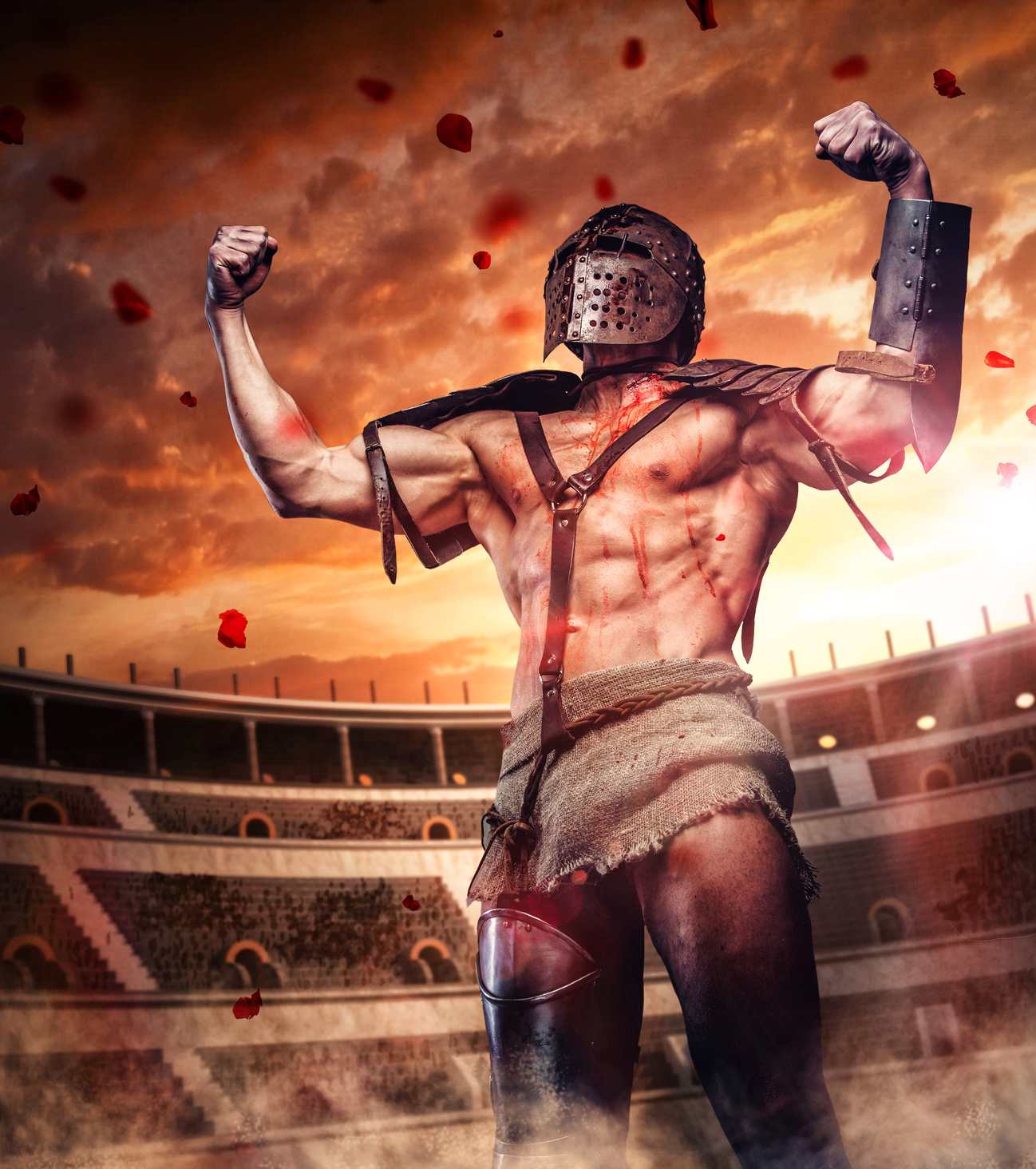 Blody gladiator after fight on colosseum arena.