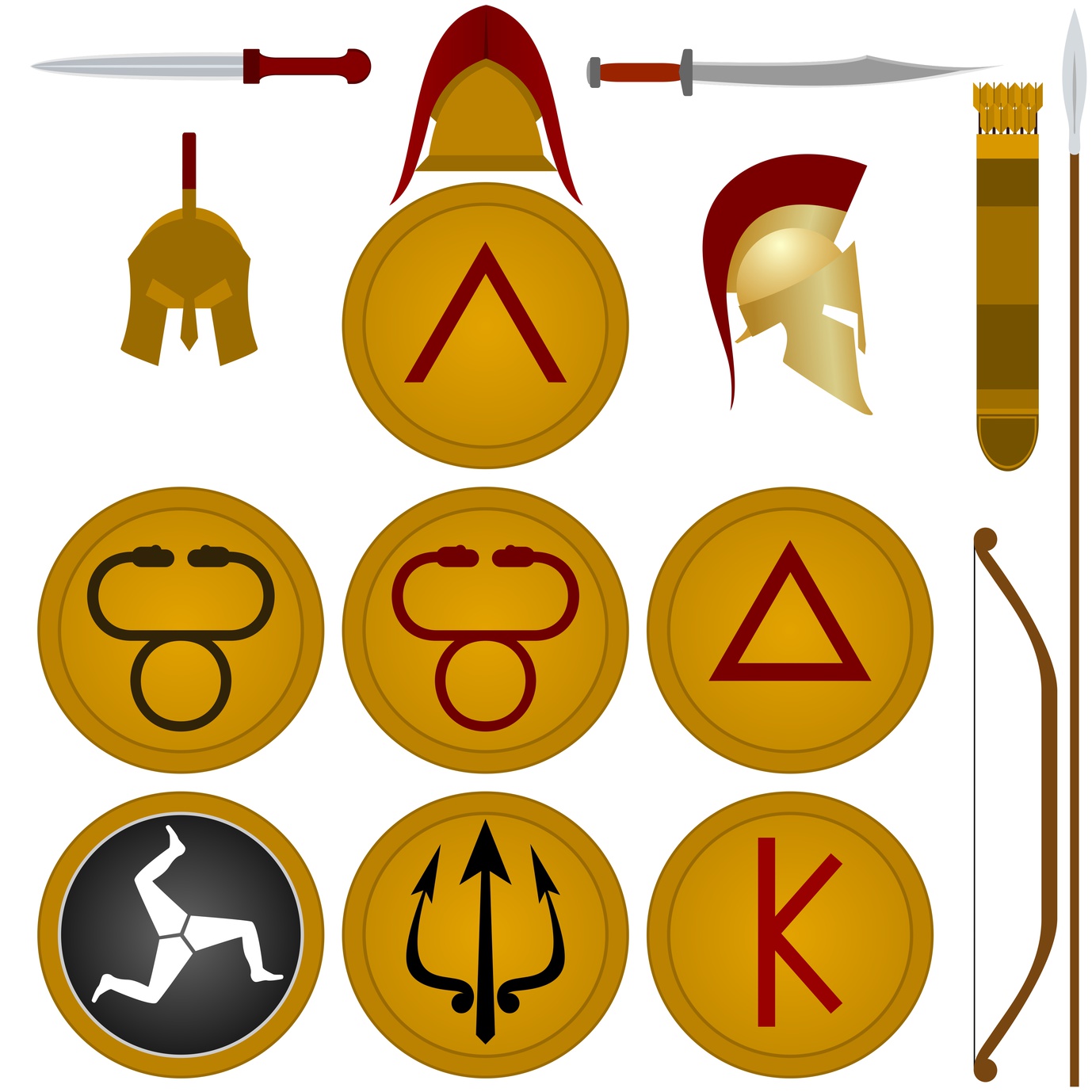 Collection weapons warriors of ancient Sparta. The illustration on a white background.