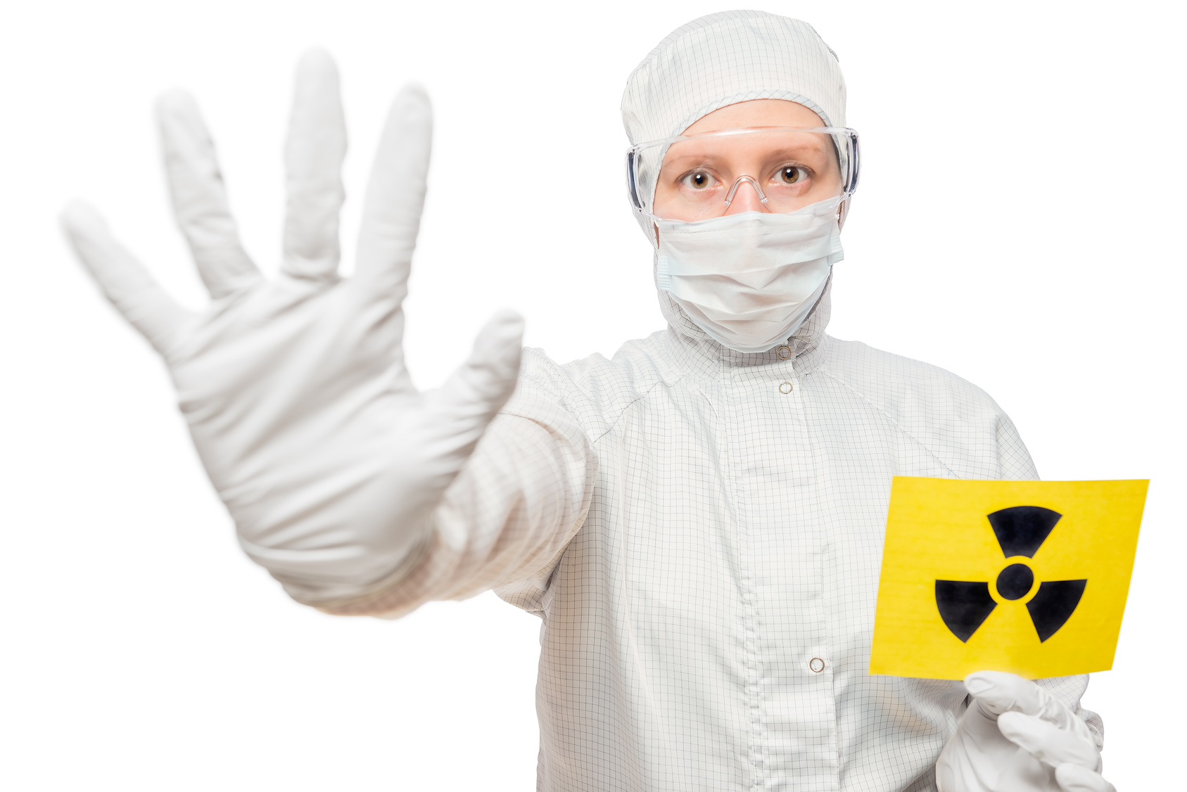 Chemist People holding a sign isolated in radiation suit