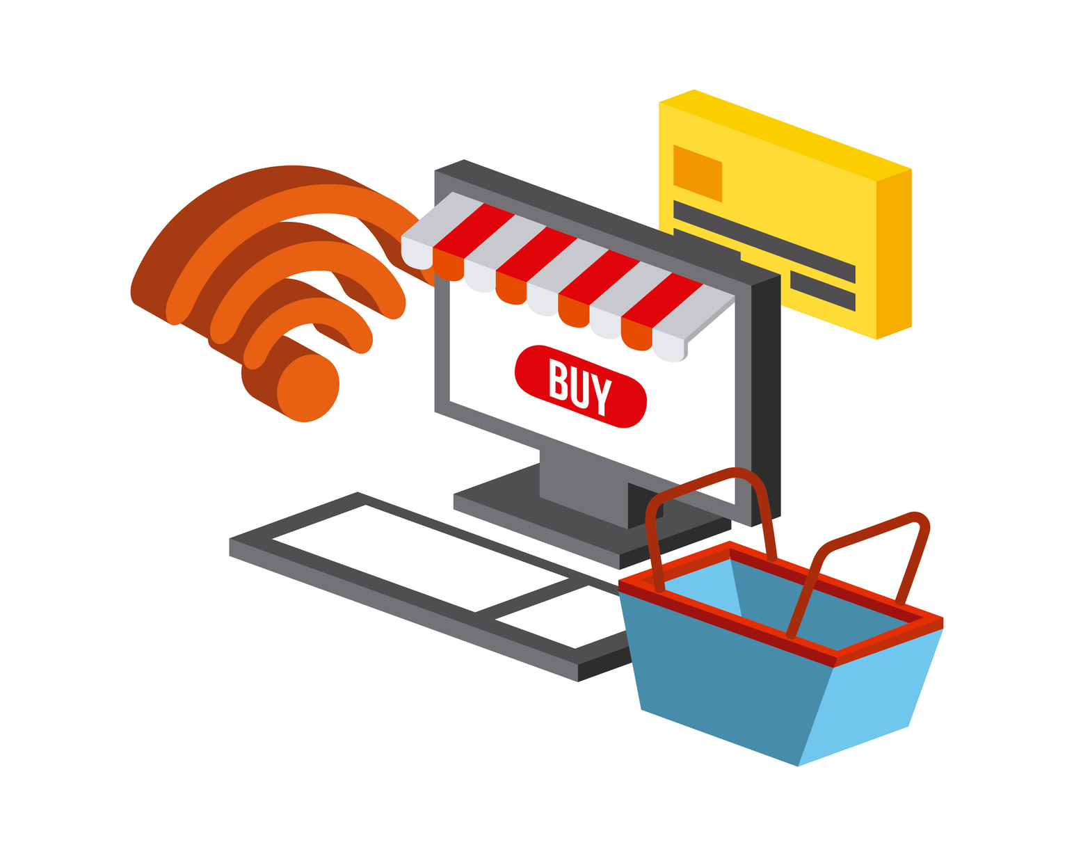 computer and shopping basket and icon over white background. colorful design. vector illustration